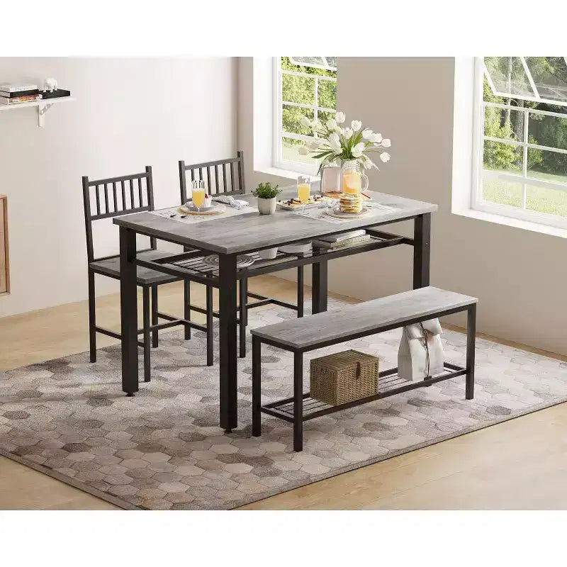 Ensemble table à manger pour 4 personnes, table de cuisine marron avec 2 chaises et un banc, table et banc avec rangement, ensemble de 4 pièces pour petit espace