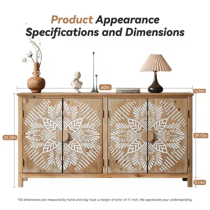 Console de rangement 60 po en bois de sapin de style rustique avec 4 portes