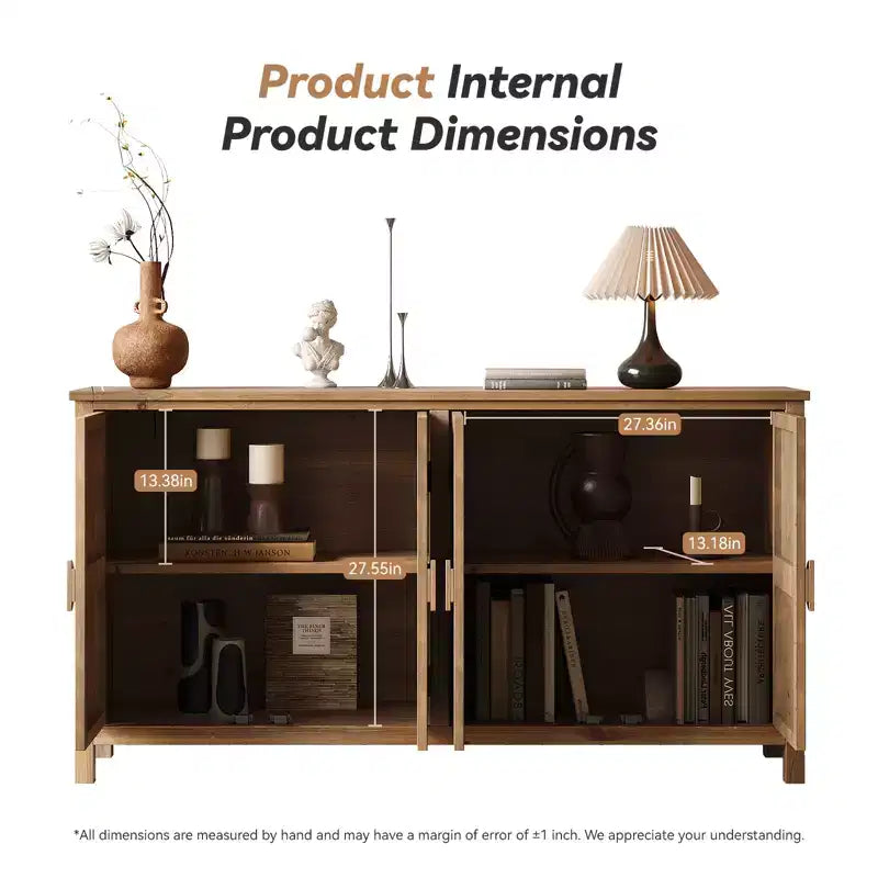 Console de rangement 60 po en bois de sapin de style rustique avec 4 portes