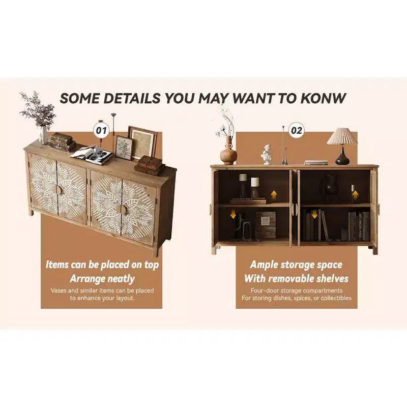 Console de rangement 60 po en bois de sapin de style rustique avec 4 portes