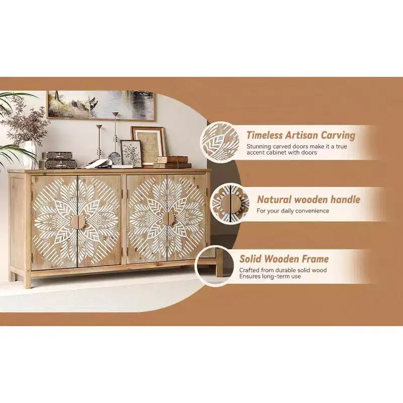 Console de rangement 60 po en bois de sapin de style rustique avec 4 portes