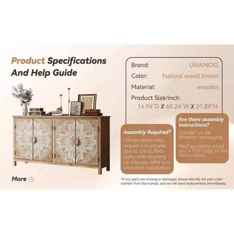Console de rangement 60 po en bois de sapin de style rustique avec 4 portes
