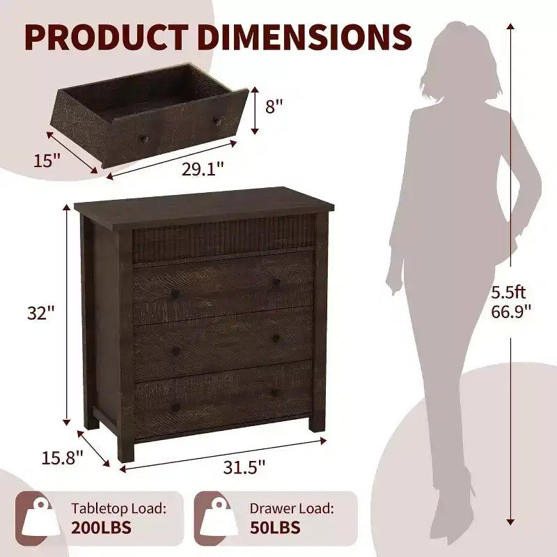 Commode et table de chevet à 3 tiroirs cannelés, commode en bois avec rangement pour chambre à coucher, salon, couloir ou entrée
