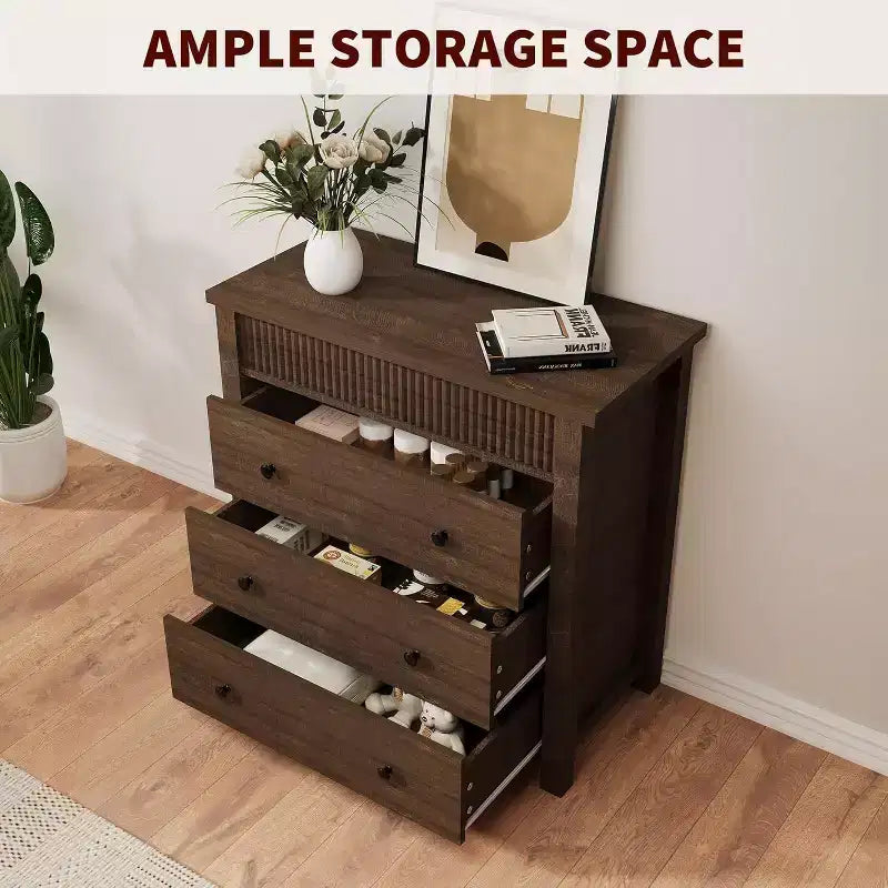 Commode et table de chevet à 3 tiroirs cannelés, commode en bois avec rangement pour chambre à coucher, salon, couloir ou entrée