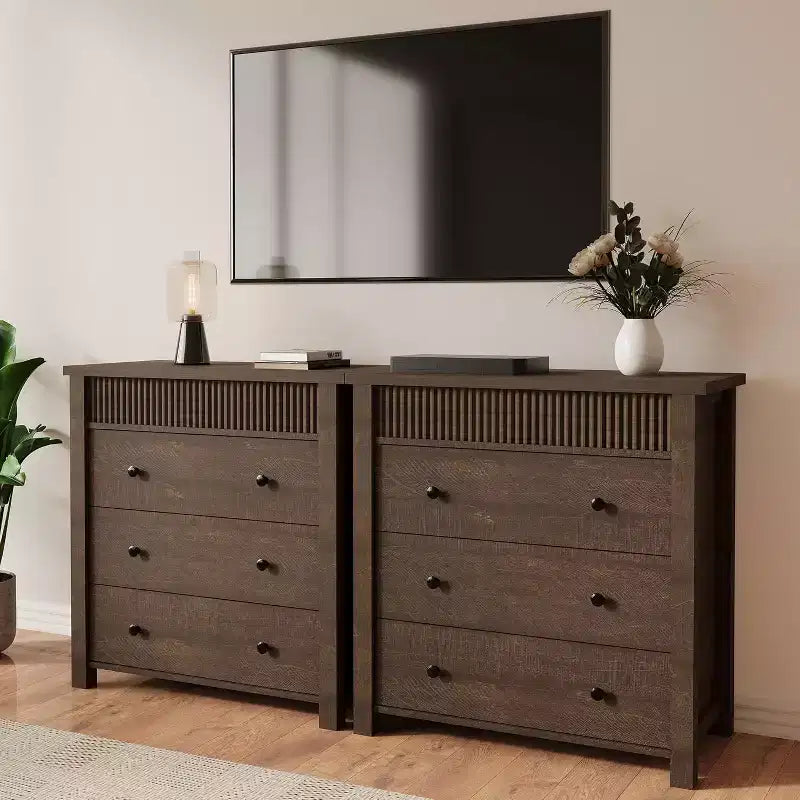 Commode et table de chevet à 3 tiroirs cannelés, commode en bois avec rangement pour chambre à coucher, salon, couloir ou entrée