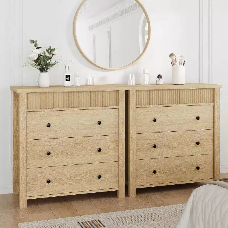 Commode et table de chevet à 3 tiroirs cannelés, commode en bois avec rangement pour chambre à coucher, salon, couloir ou entrée