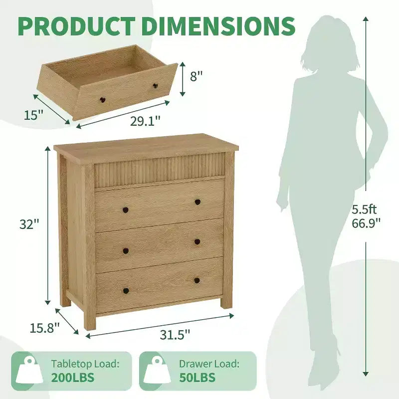 Commode et table de chevet à 3 tiroirs cannelés, commode en bois avec rangement pour chambre à coucher, salon, couloir ou entrée
