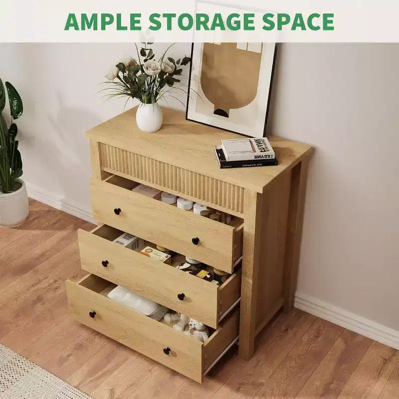 Commode et table de chevet à 3 tiroirs cannelés, commode en bois avec rangement pour chambre à coucher, salon, couloir ou entrée