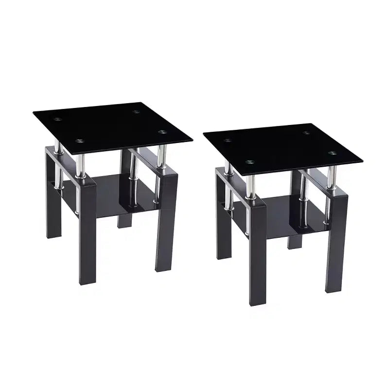 HomeRoots Set of Two Black Glass and Metal Square End Tables With Shelf