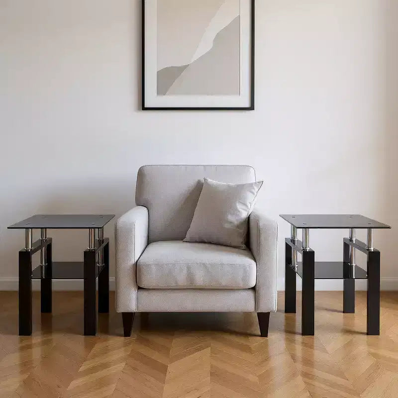 Ensemble de deux tables d'appoint carrées en verre noir et métal avec étagère
