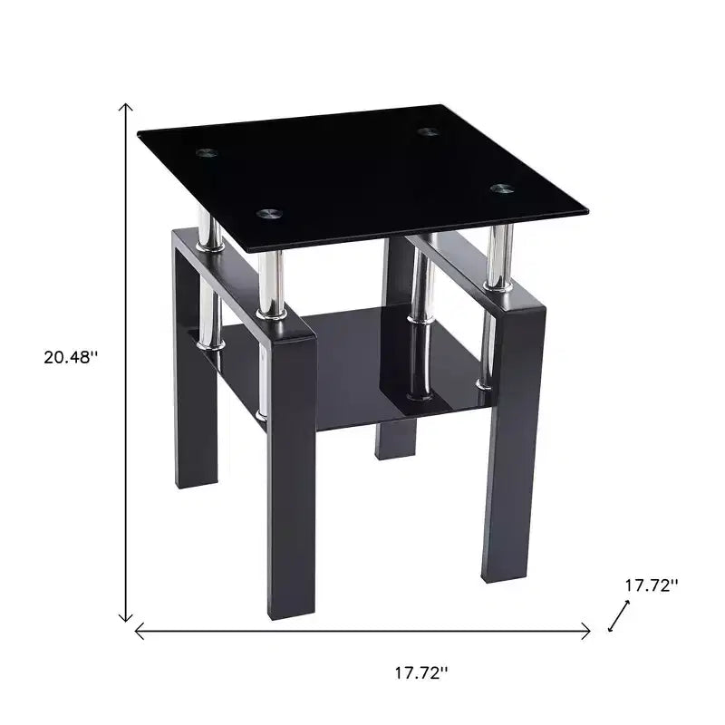 Ensemble de deux tables d'appoint carrées en verre noir et métal avec étagère