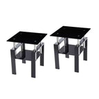 Ensemble de deux tables d'appoint carrées en verre noir et métal avec étagère