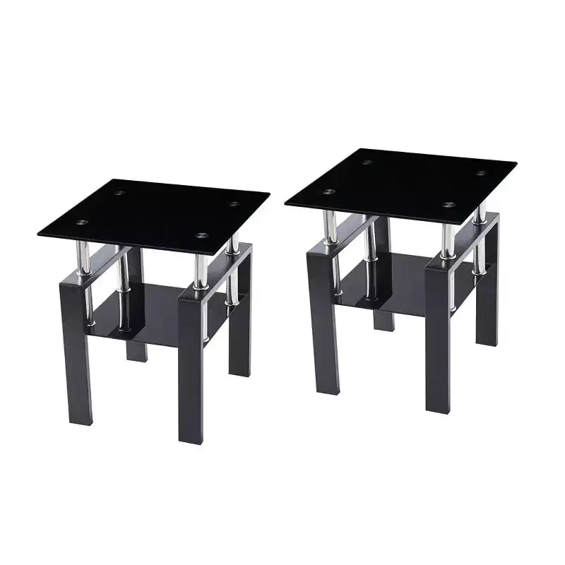 Ensemble de deux tables d'appoint carrées en verre noir et métal avec étagère