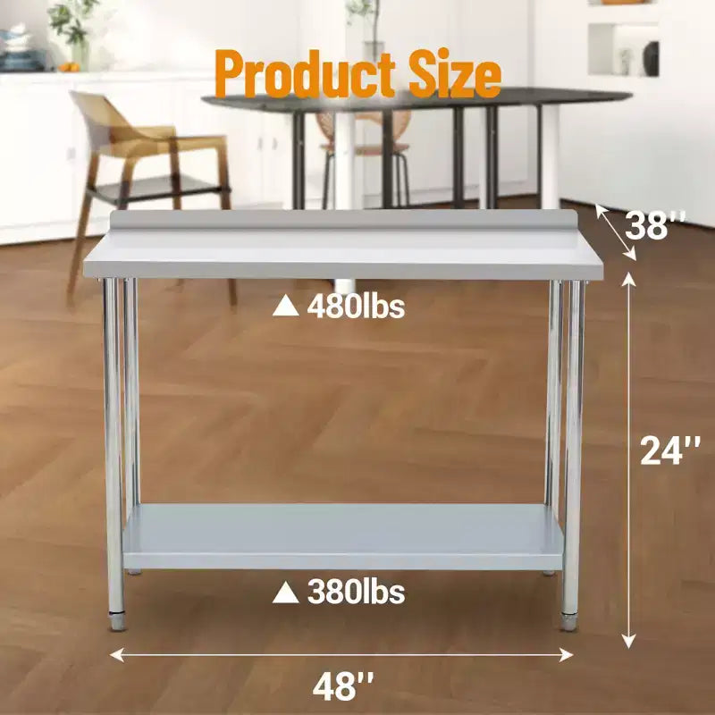 Table en acier inoxydable 48x24, table de préparation commerciale en métal robuste avec étagères de rangement et panneau arrière pour cuisines de restaurant, maisons, hôtels, préparation d'aliments
