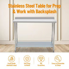 Table en acier inoxydable 48x24, table de préparation commerciale en métal robuste avec étagères de rangement et panneau arrière pour cuisines de restaurant, maisons, hôtels, préparation d'aliments