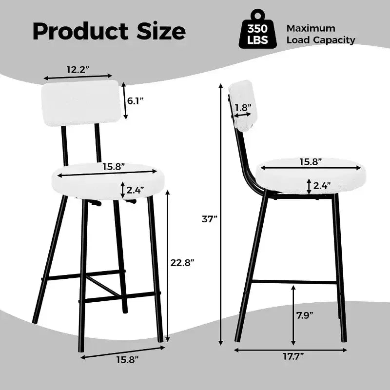 Lot de 4 tabourets de bar, tabourets de comptoir rembourrés avec assise ronde, chaises de bar sans accoudoirs avec dossier, repose-pieds et pieds en métal pour salle à manger