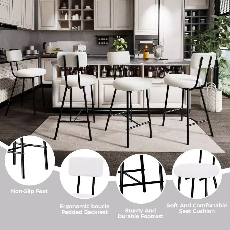 Lot de 4 tabourets de bar, tabourets de comptoir rembourrés avec assise ronde, chaises de bar sans accoudoirs avec dossier, repose-pieds et pieds en métal pour salle à manger