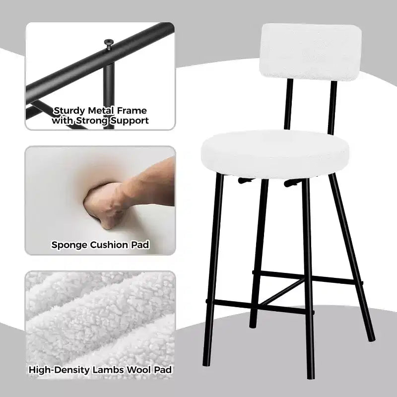 Lot de 4 tabourets de bar, tabourets de comptoir rembourrés avec assise ronde, chaises de bar sans accoudoirs avec dossier, repose-pieds et pieds en métal pour salle à manger