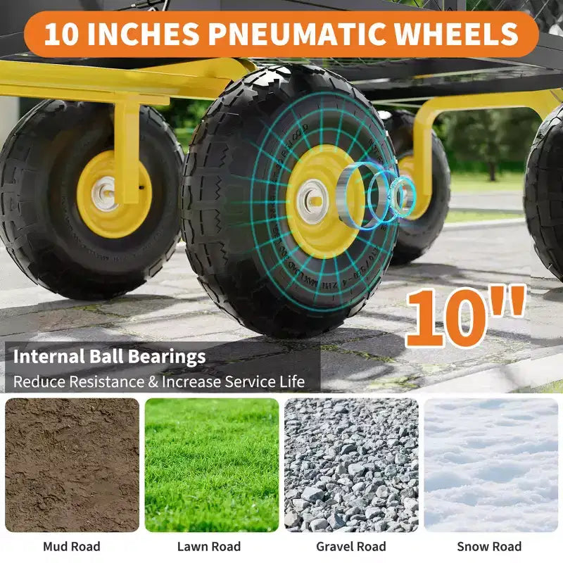 Chariot pliant robuste pour terrasse avec pneus tout-terrain de 10 po | Capacité de 227 kg, 4 côtés en maille amovibles, poignée pivotante à 180° pour cuisine et terrasse