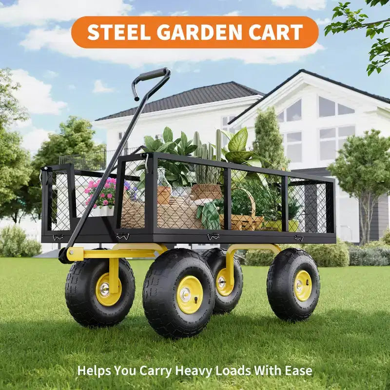Chariot pliant robuste pour terrasse avec pneus tout-terrain de 10 po | Capacité de 227 kg, 4 côtés en maille amovibles, poignée pivotante à 180° pour cuisine et terrasse