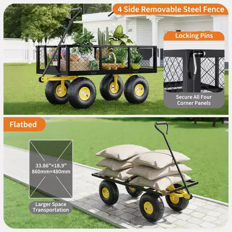Chariot pliant robuste pour terrasse avec pneus tout-terrain de 10 po | Capacité de 227 kg, 4 côtés en maille amovibles, poignée pivotante à 180° pour cuisine et terrasse