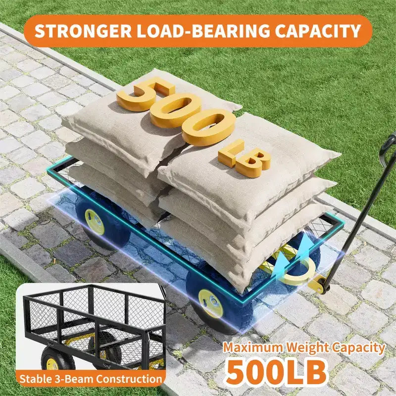 Chariot pliant robuste pour terrasse avec pneus tout-terrain de 10 po | Capacité de 227 kg, 4 côtés en maille amovibles, poignée pivotante à 180° pour cuisine et terrasse