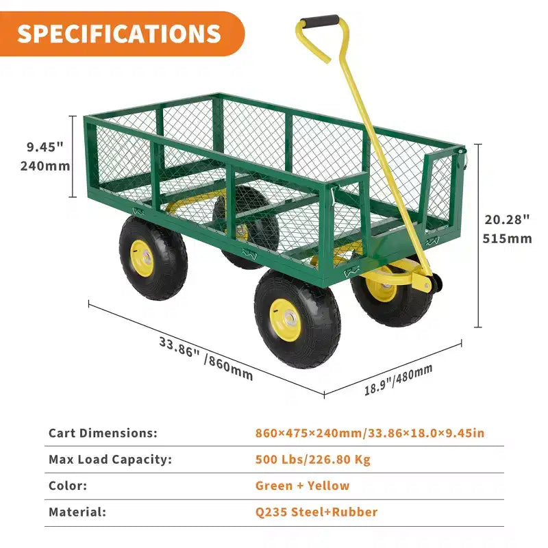Chariot pliant robuste pour terrasse avec pneus tout-terrain de 10 po | Capacité de 227 kg, 4 côtés en maille amovibles, poignée pivotante à 180° pour cuisine et terrasse