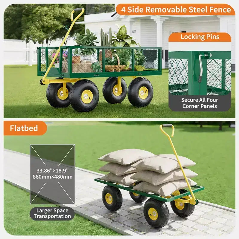 Chariot pliant robuste pour terrasse avec pneus tout-terrain de 10 po | Capacité de 227 kg, 4 côtés en maille amovibles, poignée pivotante à 180° pour cuisine et terrasse