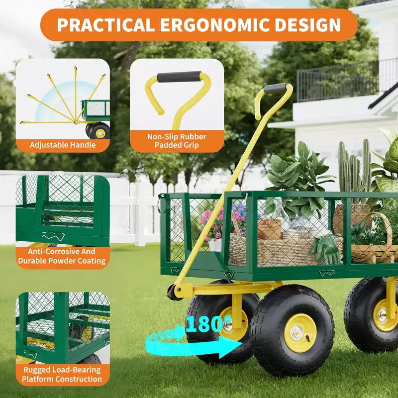Chariot pliant robuste pour terrasse avec pneus tout-terrain de 10 po | Capacité de 227 kg, 4 côtés en maille amovibles, poignée pivotante à 180° pour cuisine et terrasse