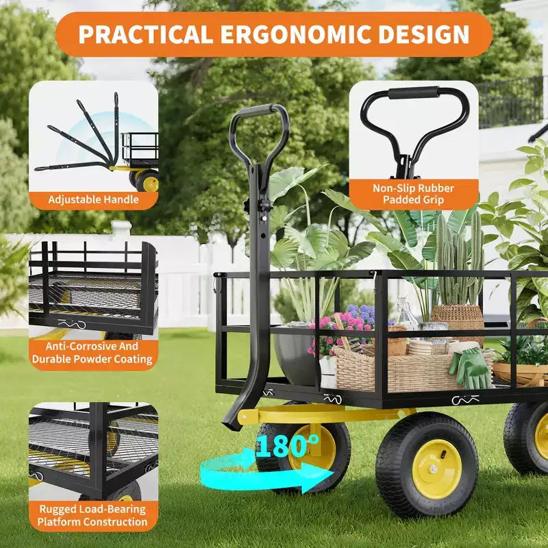 Chariot pliant robuste pour terrasse avec pneus tout-terrain de 10 po | Capacité de 227 kg, 4 côtés en maille amovibles, poignée pivotante à 180° pour cuisine et terrasse