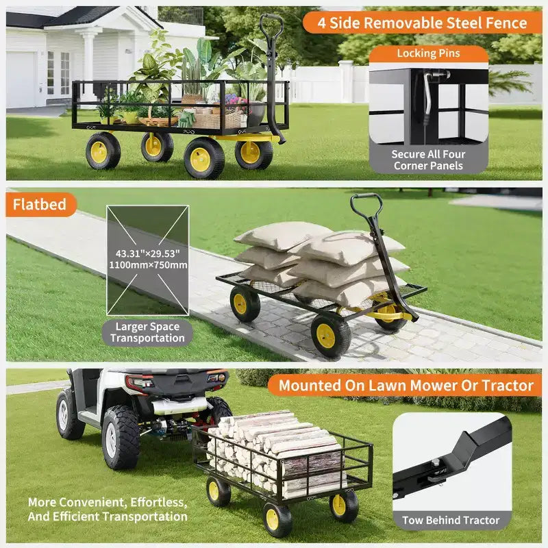 Chariot pliant robuste pour terrasse avec pneus tout-terrain de 10 po | Capacité de 227 kg, 4 côtés en maille amovibles, poignée pivotante à 180° pour cuisine et terrasse