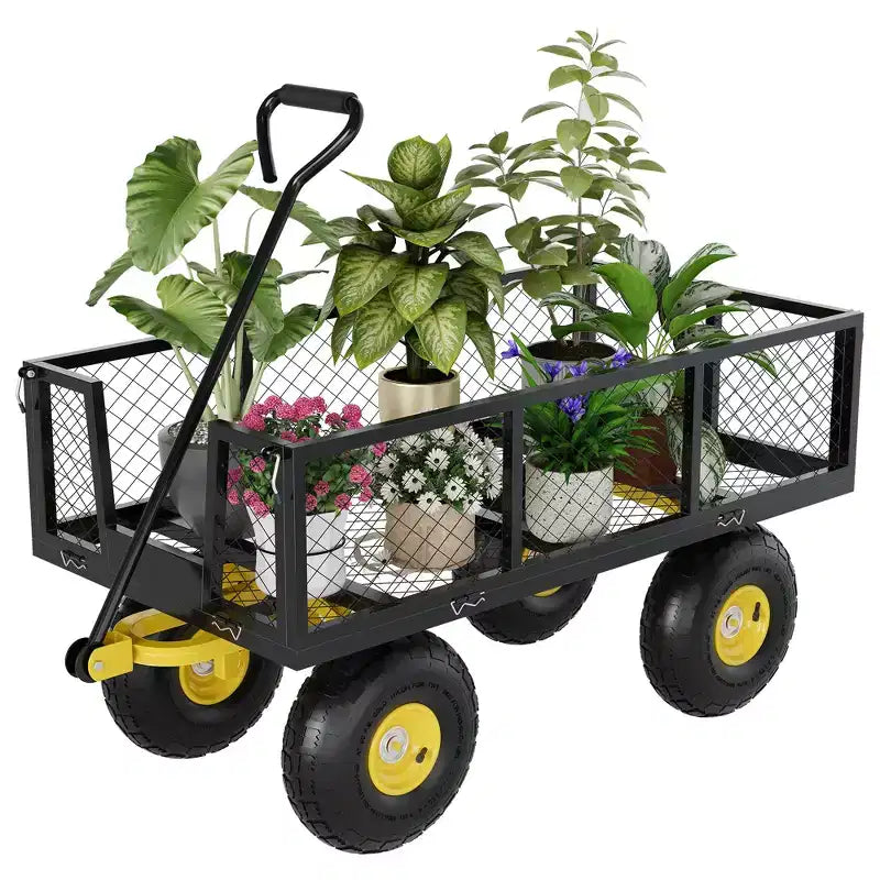 Chariot pliant robuste pour terrasse avec pneus tout-terrain de 10 po | Capacité de 227 kg, 4 côtés en maille amovibles, poignée pivotante à 180° pour cuisine et terrasse