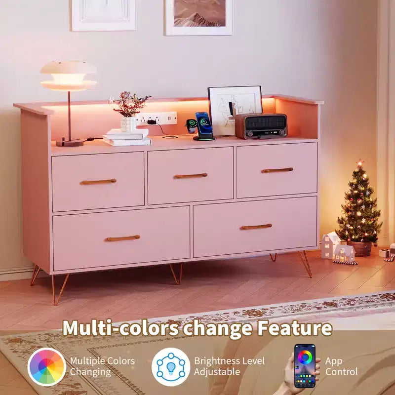 Commode en bois à 5 tiroirs avec étagère de présentation, armoire de rangement moderne pour chambre à coucher, salon, entrée