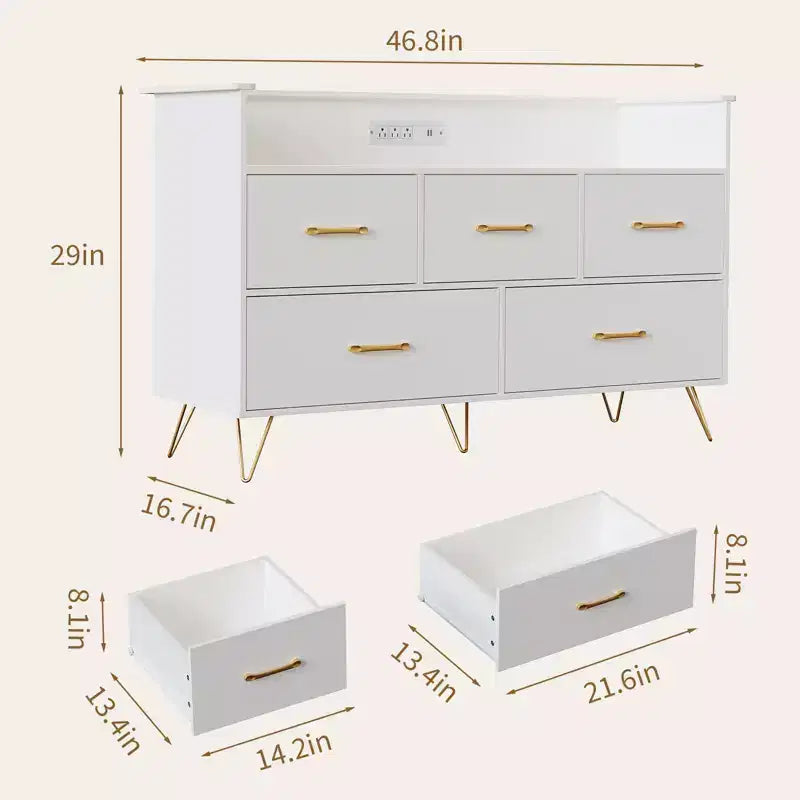 Commode en bois à 5 tiroirs avec étagère de présentation, armoire de rangement moderne pour chambre à coucher, salon, entrée