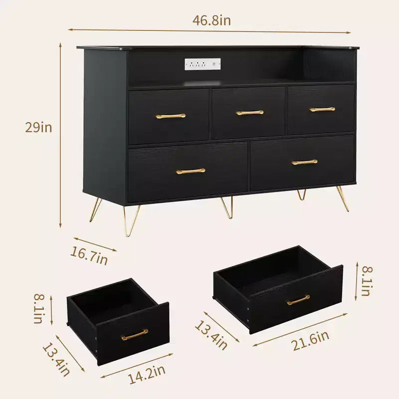 Commode en bois à 5 tiroirs avec étagère de présentation, armoire de rangement moderne pour chambre à coucher, salon, entrée