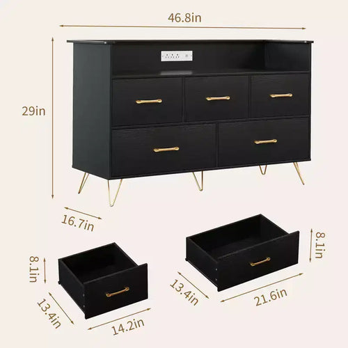 Commode en bois à 5 tiroirs avec étagère de présentation, armoire de rangement moderne pour chambre à coucher, salon, entrée