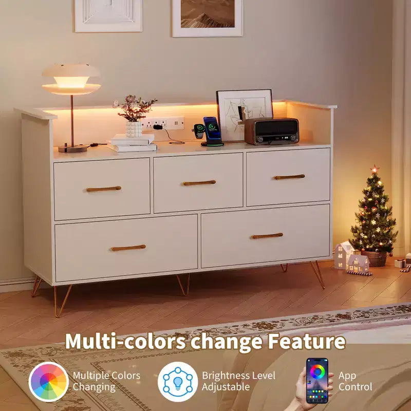 Commode en bois à 5 tiroirs avec étagère de présentation, armoire de rangement moderne pour chambre à coucher, salon, entrée
