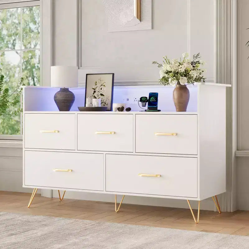 Commode en bois à 5 tiroirs avec étagère de présentation, armoire de rangement moderne pour chambre à coucher, salon, entrée