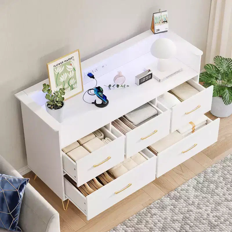 Commode en bois à 5 tiroirs avec étagère de présentation, armoire de rangement moderne pour chambre à coucher, salon, entrée