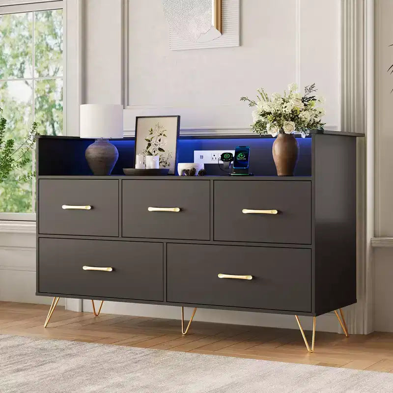 Commode en bois à 5 tiroirs avec étagère de présentation, armoire de rangement moderne pour chambre à coucher, salon, entrée