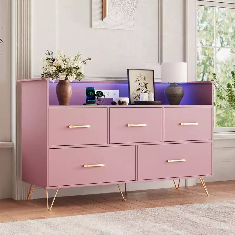 Commode en bois à 5 tiroirs avec étagère de présentation, armoire de rangement moderne pour chambre à coucher, salon, entrée