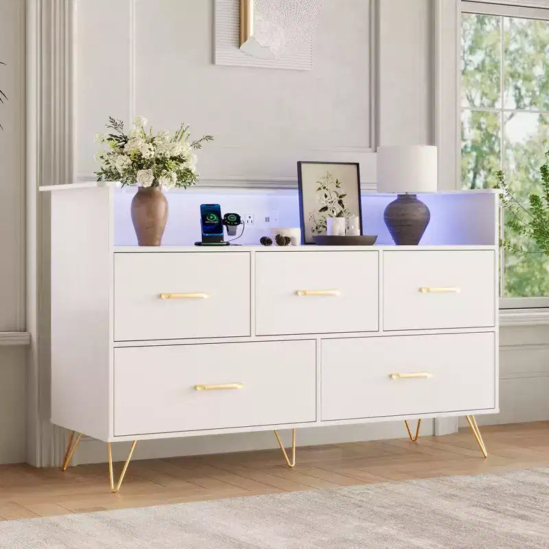 Commode en bois à 5 tiroirs avec étagère de présentation, armoire de rangement moderne pour chambre à coucher, salon, entrée