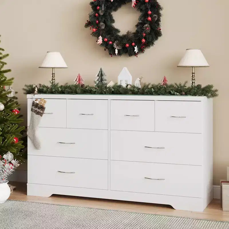 Grande commode à 8 tiroirs pour chambre à coucher, commode moderne de 140 cm de large, meuble TV avec poignées métalliques, organisateur de tiroirs en bois, blanc