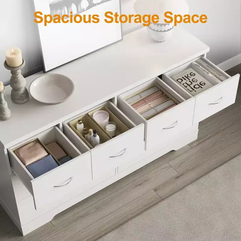 Grande commode à 8 tiroirs pour chambre à coucher, commode moderne de 140 cm de large, meuble TV avec poignées métalliques, organisateur de tiroirs en bois, blanc