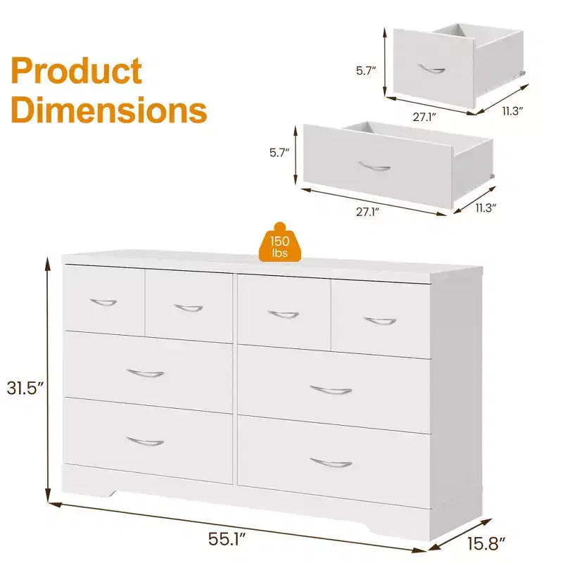 Grande commode à 8 tiroirs pour chambre à coucher, commode moderne de 140 cm de large, meuble TV avec poignées métalliques, organisateur de tiroirs en bois, blanc