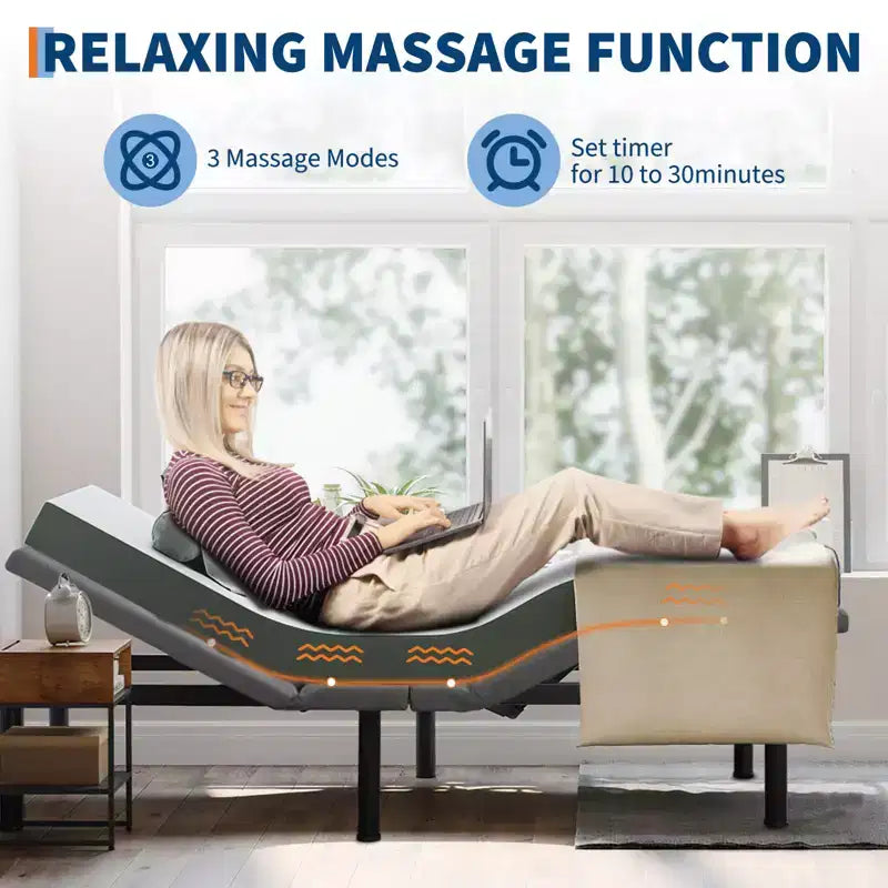 Cadre de lit réglable avec fonction de massage – Sommier électrique, Veilleuse LED sous le lit, Positions prédéfinies : Zéro gravité/Anti-ronflement/Mémoire