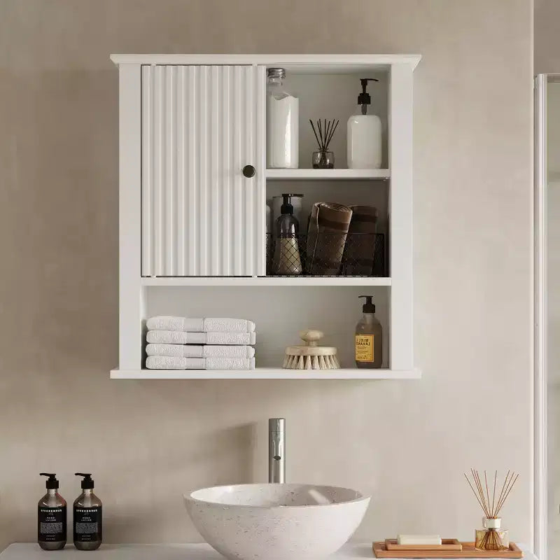 Armoire à pharmacie avec porte coulissante cannelée, armoire de salle de bain murale avec étagères réglables, rangement au-dessus des toilettes, conforme TSCA et EPA, blanc
