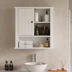 Armoire à pharmacie avec porte coulissante cannelée, armoire de salle de bain murale avec étagères réglables, rangement au-dessus des toilettes, conforme TSCA et EPA, blanc