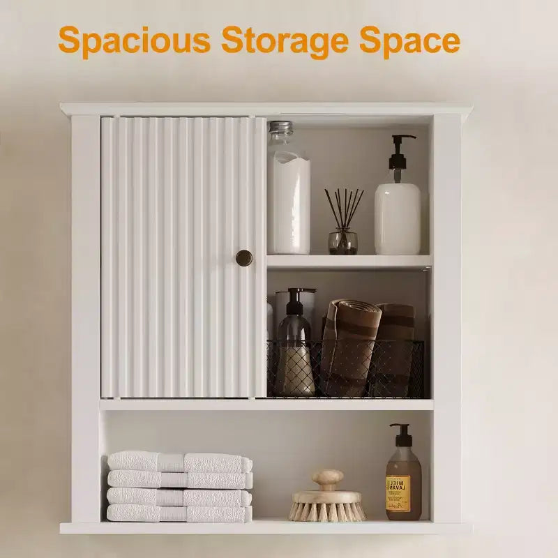 Armoire à pharmacie avec porte coulissante cannelée, armoire de salle de bain murale avec étagères réglables, rangement au-dessus des toilettes, conforme TSCA et EPA, blanc