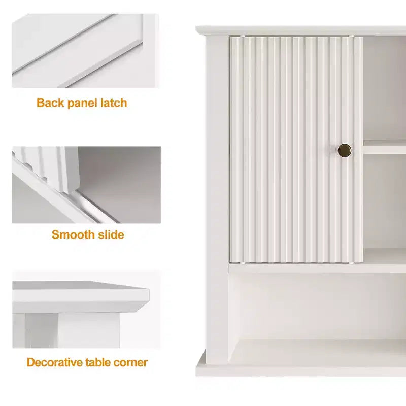 Armoire à pharmacie avec porte coulissante cannelée, armoire de salle de bain murale avec étagères réglables, rangement au-dessus des toilettes, conforme TSCA et EPA, blanc